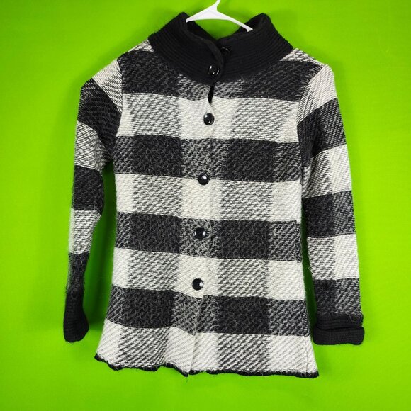 Plaid Black & White Button-Up Sweater With High Collar Mohair - Picture 1 of 6